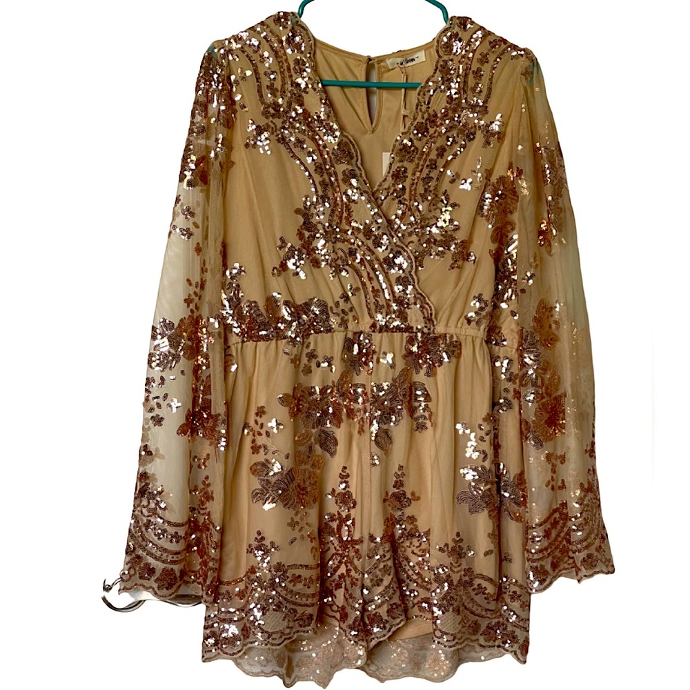 Rose Gold Floral Sequins Sheer Romper Women’s Size 10